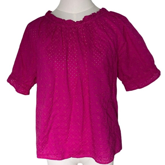 LOFT Hot Pink Eyelet Ruffle Neck Puff Sleeve Cotton Peasant Blouse S - Picture 1 of 8